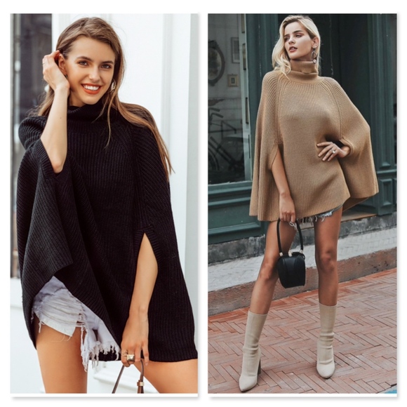 Khaki Knit Turtleneck Poncho - Picture 5 of 8